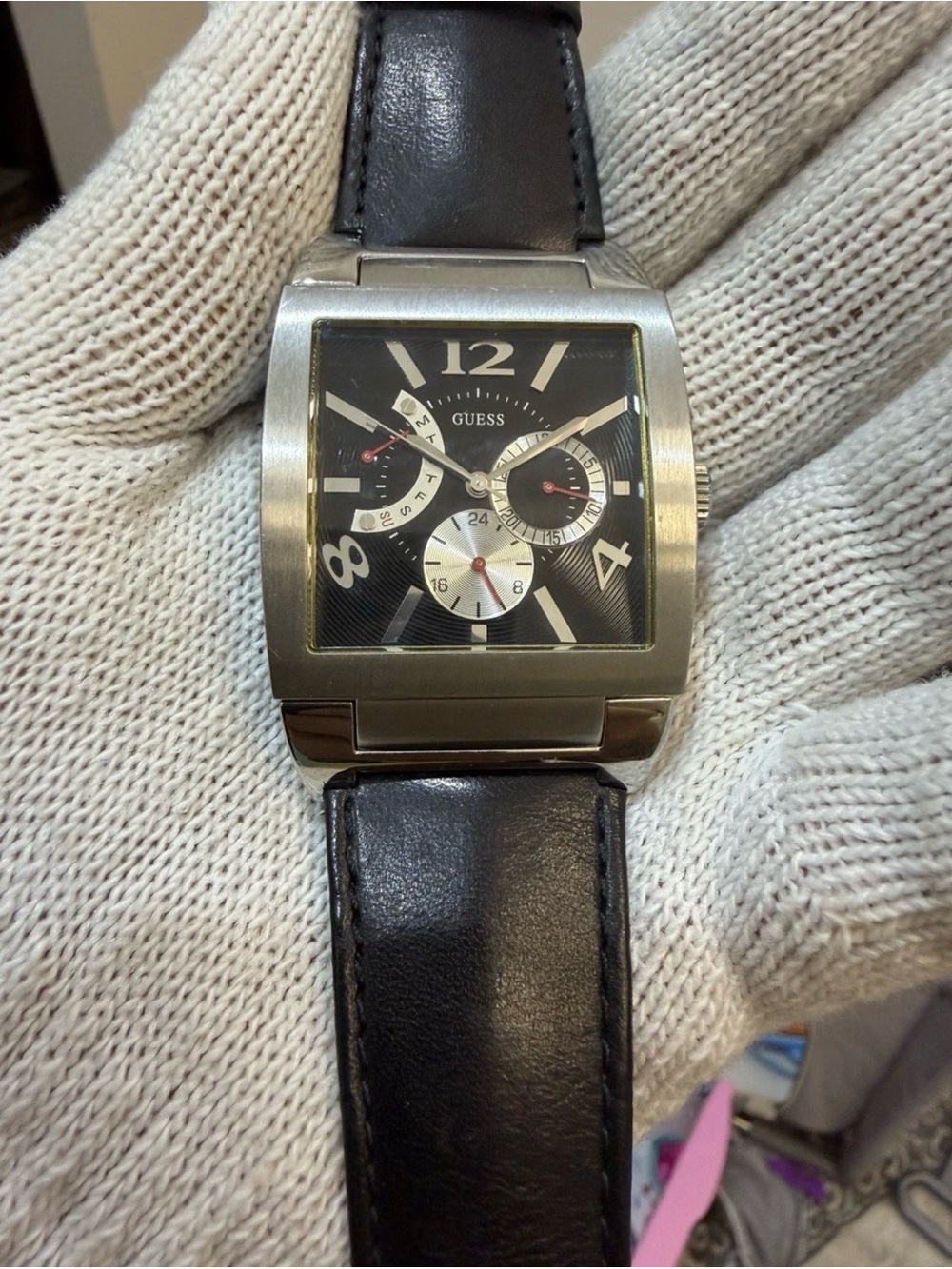 GUESS Power Broker Mens Watch I16539G1 Square Tonneau Black Dial Day Date Steel